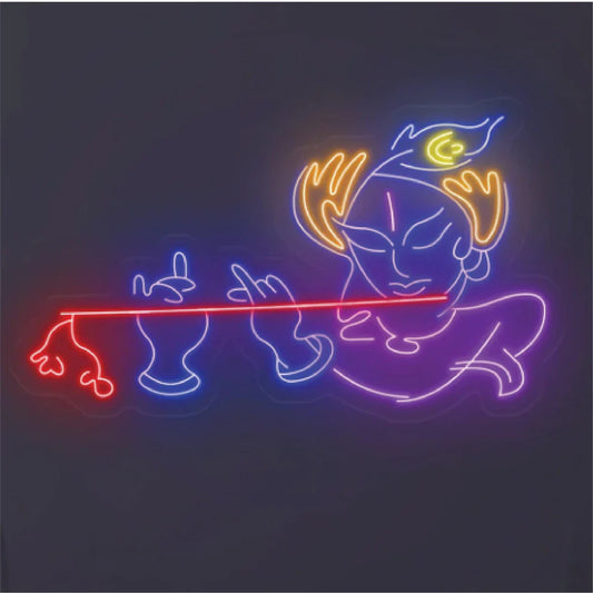 Flute Neon LED Sign - Divine Glow | Lord Krishna Wall Art Decor